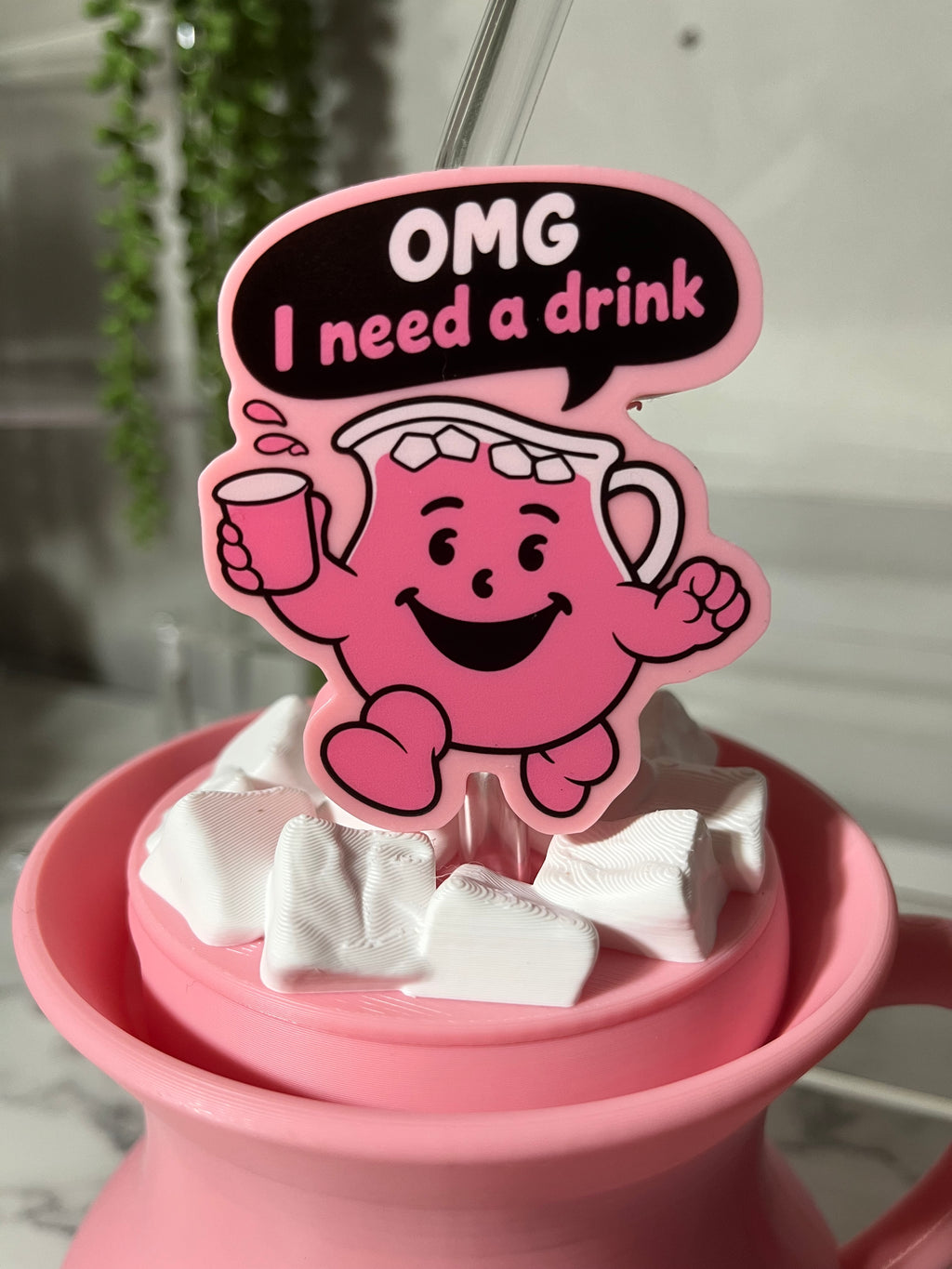 Kool-Aid Inspired Funny Drink Pitcher Cup with Straw Topper