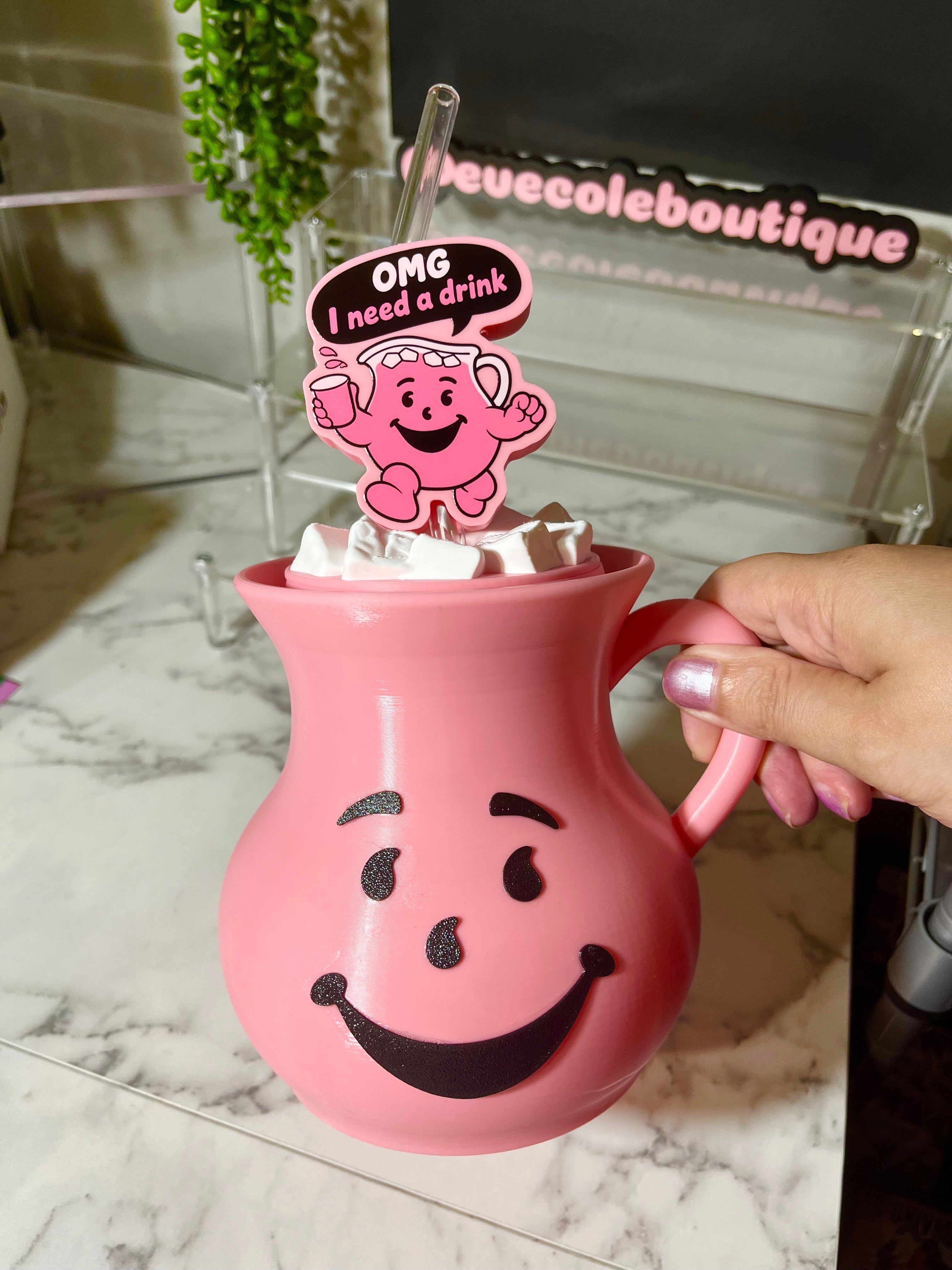 Kool-Aid Inspired Funny Drink Pitcher Cup with Straw Topper