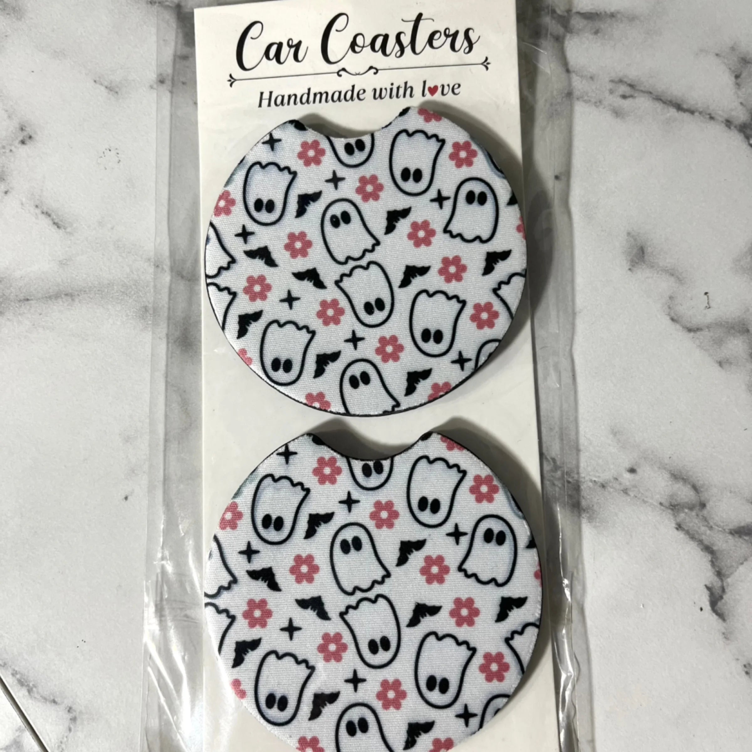 Cute Ghost with Daisies Car Coasters Set of 2